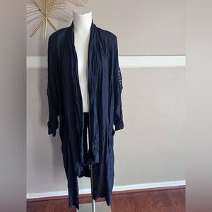 Elegant Navy Blue Italian Silk and Tulle Foldable Sleeve Oversized Kaftan